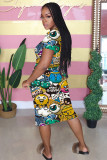Grey Fashion adult Street White Black Grey Orange Yellow Black Green cartoon Multi-color Cap Sleeve Short Sleeves O neck A-Line Mid-Calf Print Patchwork Ombre bandage Colouring Dresses