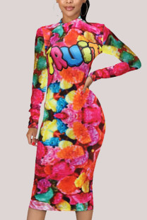 colour Fashion Casual Adult Print Patchwork O Neck Long Sleeve Knee Length A Line Dresses