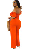 Orange Fashion Casual Hollow Solid Short Sleeve one word collar Jumpsuits
