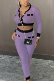purple Street Geometric Patchwork O Neck Long Sleeve Regular Sleeve Short Two Pieces