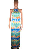 Green Milk. Fashion adult Ma'am Street Green Off The Shoulder Sleeveless Halter Neck Step Skirt Floor-Length Print Dresses