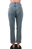 Blue Gray Street Solid Make Old Mid Waist Regular Denim