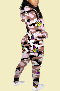 Khaki Casual Plaid Print Camouflage Print Butterfly Print Pocket Pants Hooded Collar Long Sleeve Regular Sleeve Regular Two Pieces