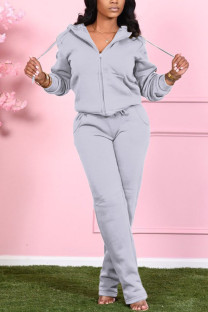 Grey Fashion Casual Adult Solid Draw String Hooded Collar Long Sleeve Regular Sleeve Regular Two Pieces
