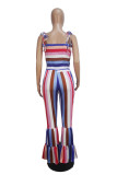 Blue Fashion Casual Draped Print Striped Sleeveless Slip Jumpsuits