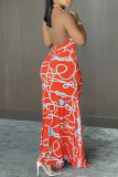 Red Fashion Sexy Print Backless Slit Halter Sleeveless Dress