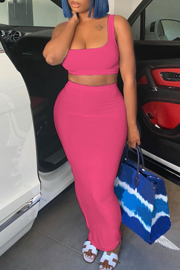 Pink Sexy Casual Solid Vests U Neck Sleeveless Two Pieces