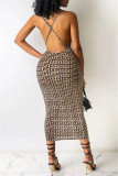 Gold Fashion Sexy Print Backless Spaghetti Strap Sleeveless Dress