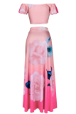 Pink Sexy Print Flounce Off the Shoulder Short Sleeve Two Pieces