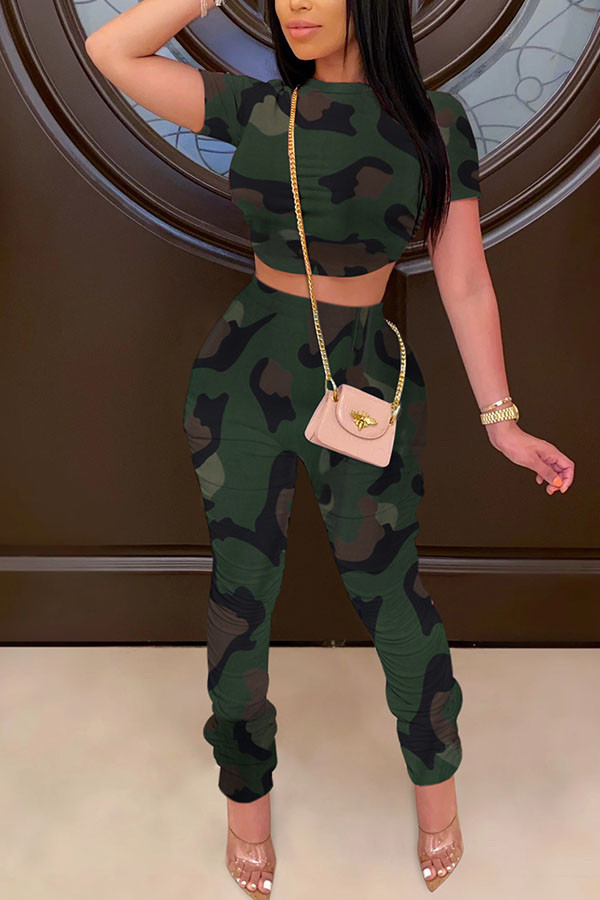 Camouflage Fashion Sexy adult Ma'am Patchwork Print backless Two Piece Suits pencil Short Sleeve Two Pieces