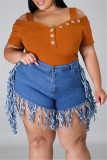 Rose Red Fashion Casual Solid Tassel Plus Size Jeans