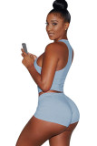 Light Blue knit Sexy Patchwork Two Piece Suits Solid Straight Sleeveless Two-Piece Short Set