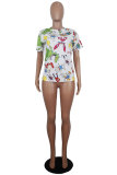 Blue White Blue Orange Yellow colour O Neck Short Sleeve Patchwork Print Character Tops