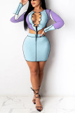 Green Fashion Sexy Patchwork Hollowed Out O Neck Long Sleeve Two Pieces