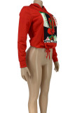 Red Street Print Hooded Collar Mid Waist Tops