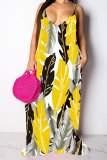 Blue Fashion Casual adult Red Blue Yellow Spaghetti Strap Sleeveless V Neck Swagger Floor-Length Print Patchwork Dresses