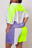 purple Fashion Casual adult Ma'am Turndown Collar Patchwork Zippered Two Piece Suits Zipper Plus Size