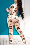 Rose Red Sweet Print V Neck Regular Jumpsuits