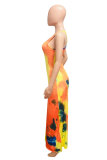 Orange FashionOff The Shoulder Sleeveless O neck Step Skirt Ankle-Length Print Patchwork Tie and dye Dresses