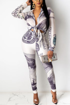 White Casual Print Bandage Shirt Collar Long Sleeve Two Pieces