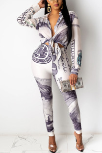White Casual Print Bandage Shirt Collar Long Sleeve Two Pieces