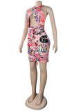 Blue Fashion Sexy Print Hollowed Out Backless Halter Sleeveless Dress
