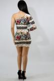 Decorative pattern Fashion Sexy Spaghetti Strap Sleeveless Slip Asymmetrical Mini Print asymmetrical Club Dr