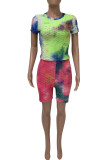 Fluorescent Green Casual Print Tie Dye Patchwork O Neck Short Sleeve Two Pieces