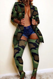 Green Notched Patchwork Camouflage Print Button Acetyl fiber Print Long Sleeve 