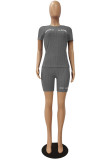 Grey Fashion Casual Letter Embroidered O Neck Short Sleeve Two Pieces