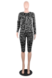 Black Casual Print Letter O Neck Long Sleeve Two Pieces