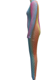 Multicolor Sexy Patchwork Hollowed Out Tie-dye Half A Turtleneck Skinny Jumpsuits