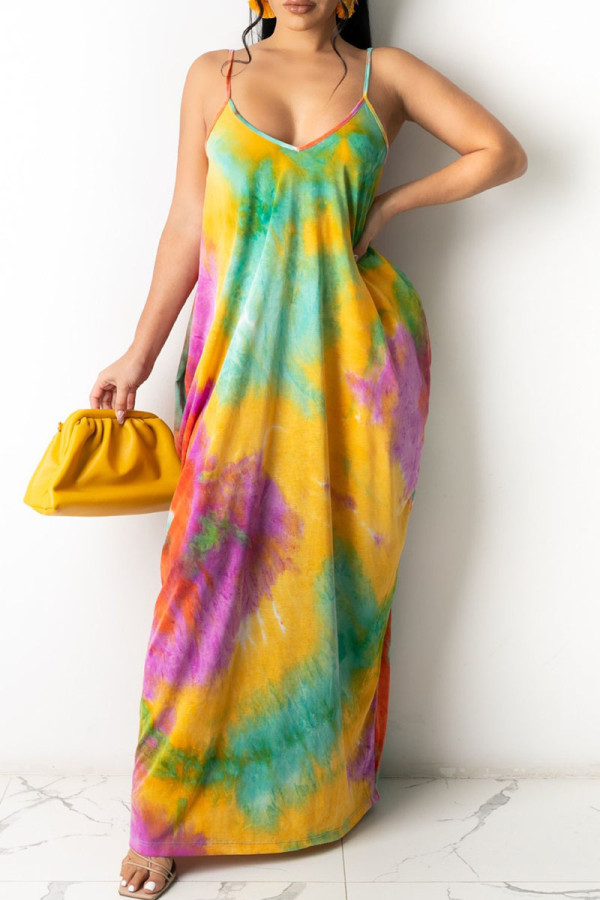 Multicolor Casual Off The Shoulder Sleeveless Slip Swagger Floor-Length Print Patchwork