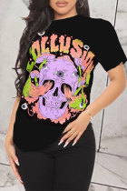 Black Casual Print Patchwork O Neck Mid Waist T-Shirts