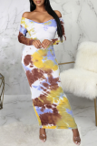 Yellow Sexy Print Patchwork O Neck Pencil Skirt Dresses