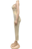 Apricot Sexy Geometric Hot Drill Spaghetti Strap Sling Dress Dresses