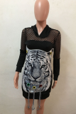 Black Sexy Print Patchwork Hooded Collar A Line Dresses