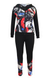 Blue Sexy Print Patchwork Hooded Collar Long Sleeve Two Pieces