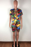 Red Casual Print Zippered Patchwork Short Sleeve Two Pieces