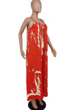 Red Sexy Casual Print Backless Spaghetti Strap Loose Jumpsuits