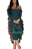 Red Sexy Fashion Off The Shoulder Long Sleeves One word collar A-Line Ankle-Length Patchwork 