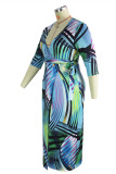 Multicolor Fashion Casual Plus Size Print Basic V Neck Dress