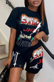 White Fashion Casual Print Basic O Neck Short Sleeve Two Pieces