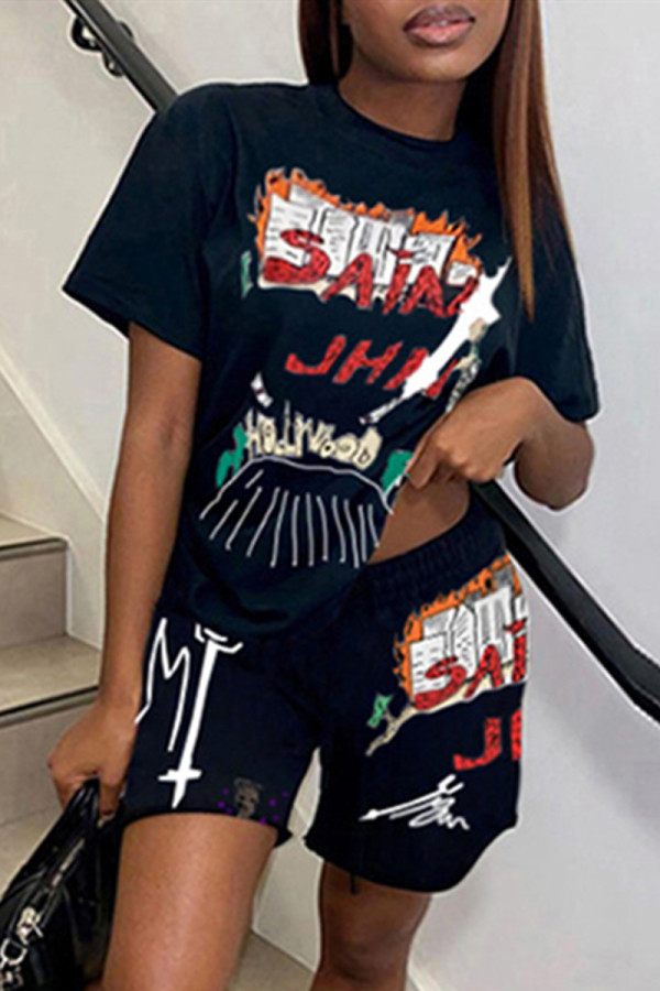 Black Fashion Casual Print Basic O Neck Short Sleeve Two Pieces