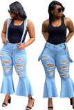 Light Blue Denim Bib pants Sleeveless Mid Patchwork Solid Hole Old Boot Cut Pants Bottoms