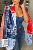 Blue Casual Print Patchwork Turndown Collar Outerwear