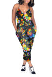 Black Fashion street Print Patchwork Hollow Sleeveless Slip Jumpsuits