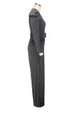 Silver Sexy Solid Patch With Belt V Neck Regular Jumpsuits