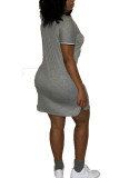 Grey Fashion Casual Black Grey Green Dark Blue Cap Sleeve Short Sleeves O neck Step Skirt Knee-Length Solid Dresses