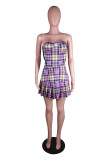 Colour Fashion Sexy Plaid Print Patchwork Backless Strapless Sleeveless Dress